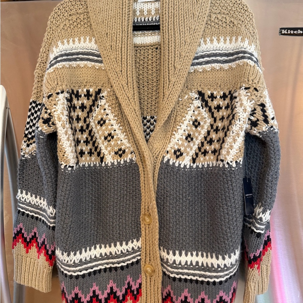 Lucky Brand Tan and Gray Geometric Cardigan Sweater
